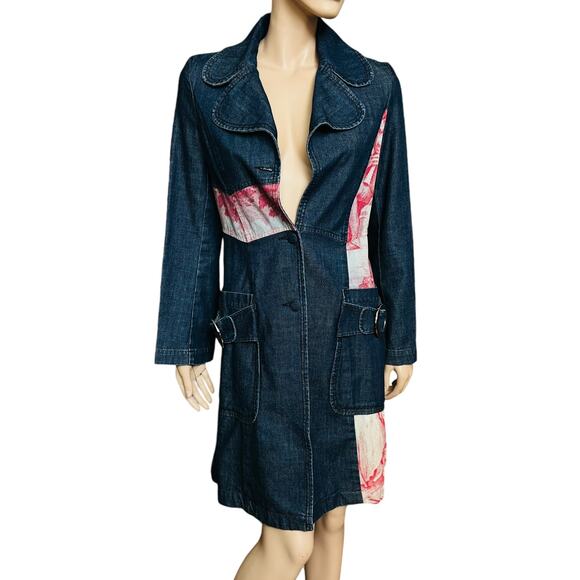 Custo Barcelona Retro Denim Color Block Metal Buckle Trench Coat Size 3 Medium